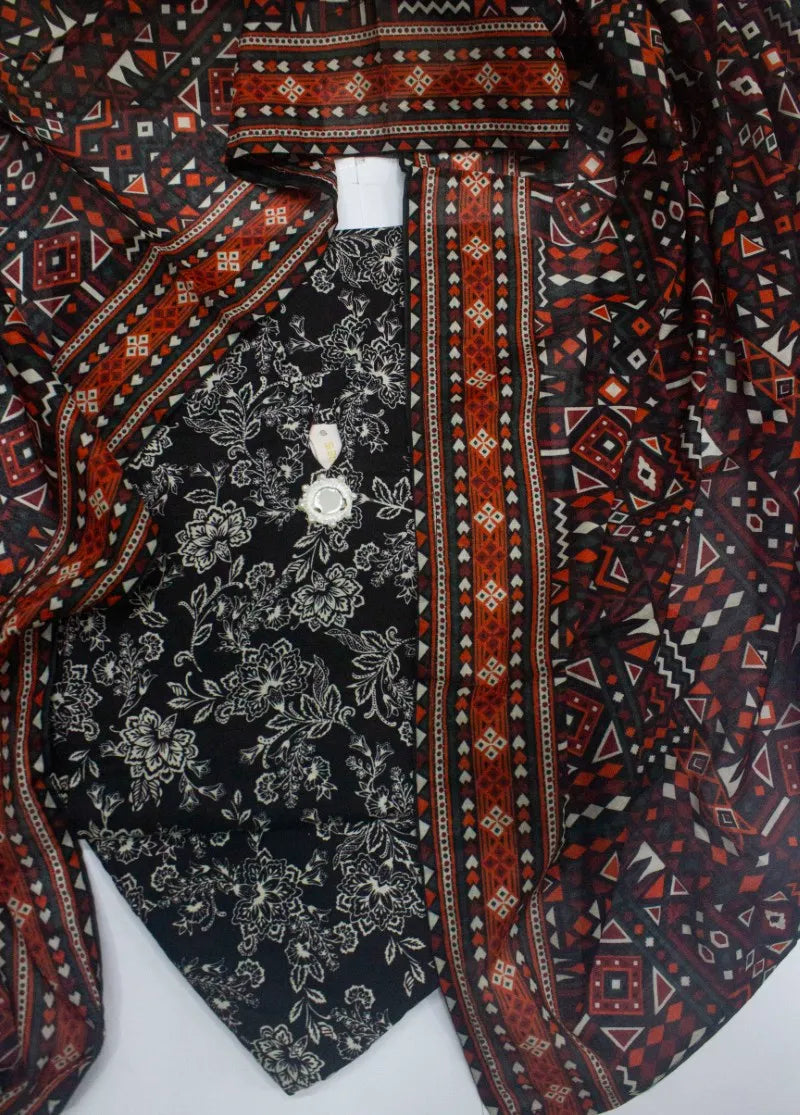 3 Piece Printed Stitched Black & White Color Cotton Shirt with Farshi Shalwar & Dupatta