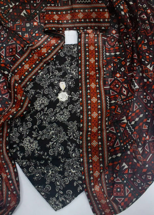 3 Piece Printed Stitched Black & White Color Cotton Shirt with Farshi Shalwar & Dupatta