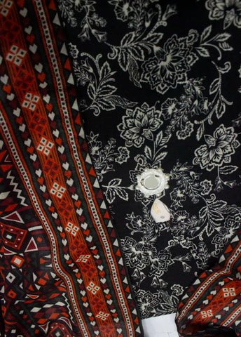 3 Piece Printed Stitched Black & White Color Cotton Shirt with Farshi Shalwar & Dupatta