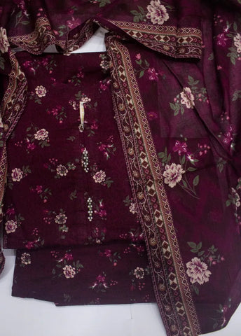 3 Piece Printed Stitched Maroon Color Cotton Shirt with Farshi Shalwar & Dupatta
