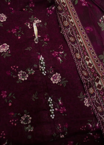 3 Piece Printed Stitched Maroon Color Cotton Shirt with Farshi Shalwar & Dupatta