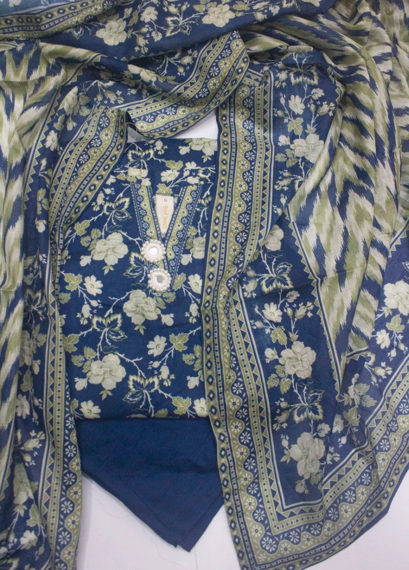 3 Piece Printed Stitched Navy Blue Color Lawn Shirt with Farshi Shalwar & Dupatta