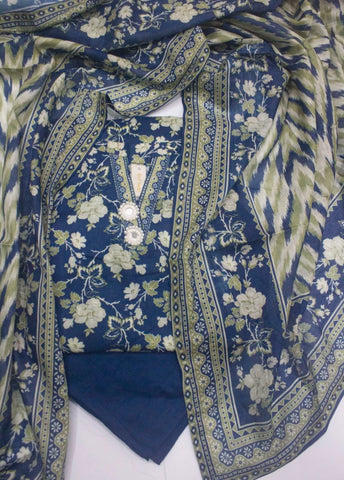 3 Piece Printed Stitched Navy Blue Color Lawn Shirt with Farshi Shalwar & Dupatta