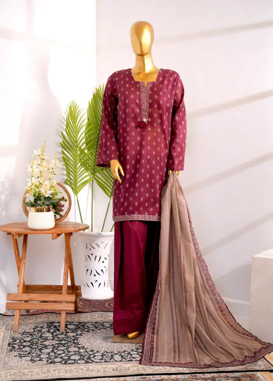 3 Piece Printed Stitched Maroon Color Cotton Shirt with Farshi Shalwar & Dupatta
