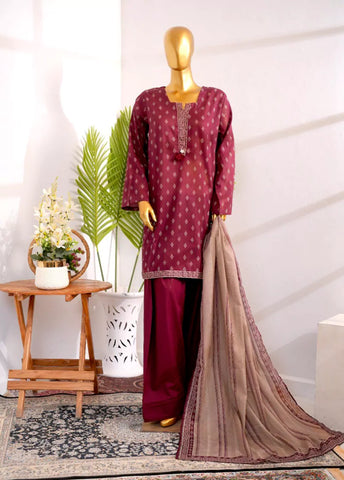 3 Piece Printed Stitched Maroon Color Cotton Shirt with Farshi Shalwar & Dupatta