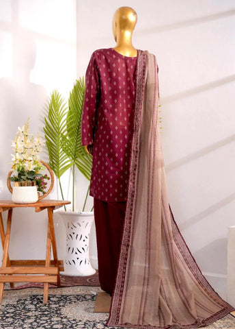 3 Piece Printed Stitched Maroon Color Cotton Shirt with Farshi Shalwar & Dupatta