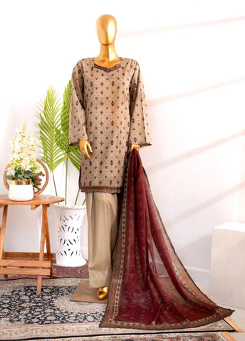 3 Piece Printed Stitched Beige Color Cotton Shirt with Farshi Shalwar & Dupatta