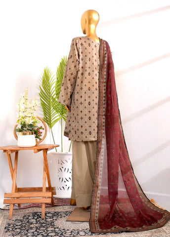 3 Piece Printed Stitched Beige Color Cotton Shirt with Farshi Shalwar & Dupatta