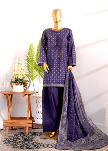 3 Piece Printed Stitched Purple Color Cotton Shirt with Farshi Shalwar & Dupatta