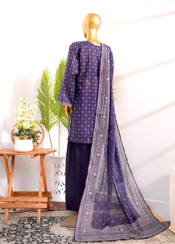 3 Piece Printed Stitched Purple Color Cotton Shirt with Farshi Shalwar & Dupatta