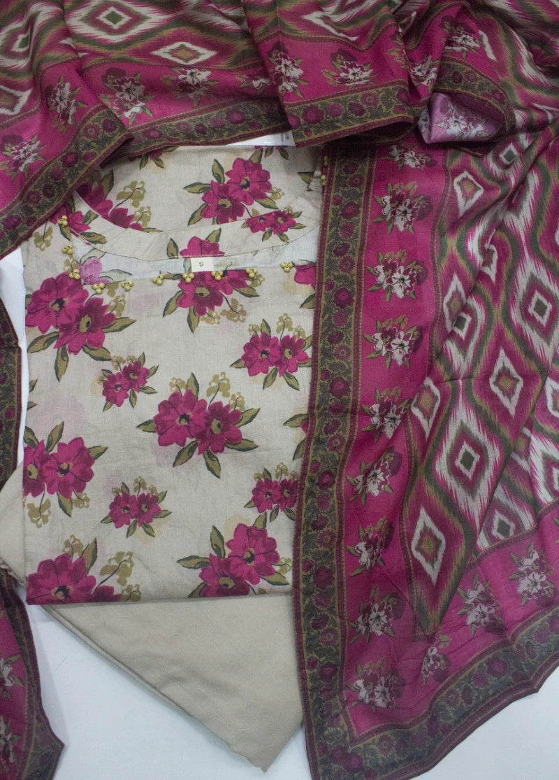 3 Piece Printed Stitched Off White Color Lawn Shirt with Farshi Shalwar & Dupatta