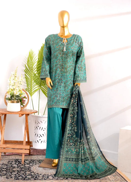 3 Piece Printed Stitched Blue Color Cotton Shirt with Farshi Shalwar & Dupatta