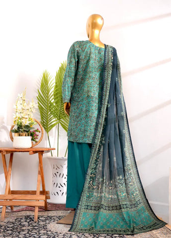3 Piece Printed Stitched Blue Color Cotton Shirt with Farshi Shalwar & Dupatta