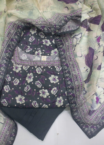 3 Piece Printed Stitched Grey Color Lawn Shirt with Farshi Shalwar & Dupatta