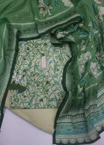 3 Piece Printed Stitched Green Color Lawn Shirt with Farshi Shalwar & Dupatta