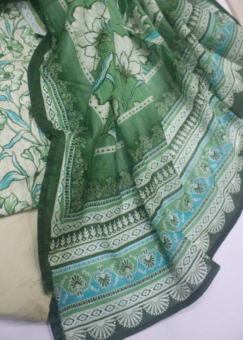 3 Piece Printed Stitched Green Color Lawn Shirt with Farshi Shalwar & Dupatta