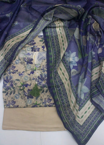3 Piece Printed Stitched Beige Color Lawn Shirt with Farshi Shalwar & Dupatta