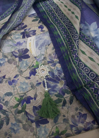 3 Piece Printed Stitched Beige Color Lawn Shirt with Farshi Shalwar & Dupatta