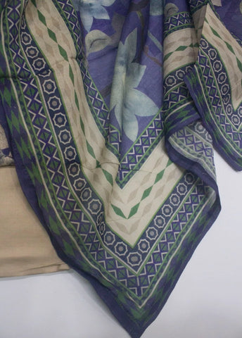 3 Piece Printed Stitched Beige Color Lawn Shirt with Farshi Shalwar & Dupatta