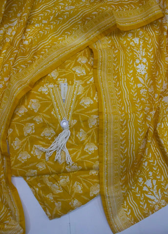 3 Piece Printed Stitched Yellow Color Lawn Shirt with Farshi Shalwar & Dupatta