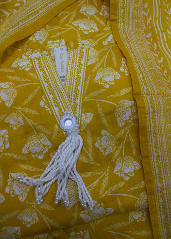 3 Piece Printed Stitched Yellow Color Lawn Shirt with Farshi Shalwar & Dupatta