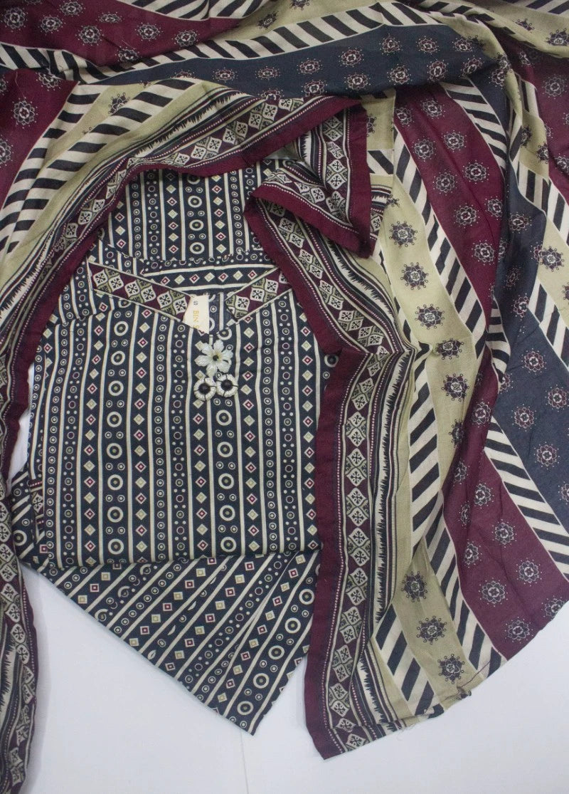 3 Piece Printed Stitched MultiColor Lawn Shirt with Farshi Shalwar & Dupatta