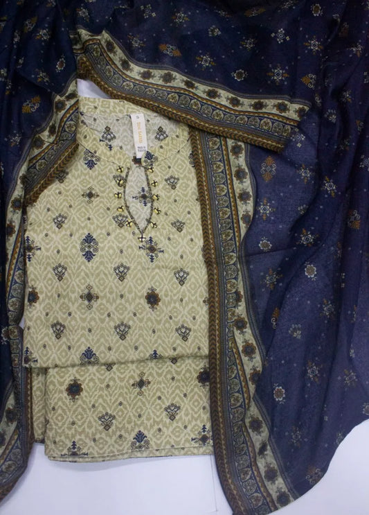 3 Piece Printed Stitched Beige Color Cotton Shirt with Farshi Shalwar & Dupatta