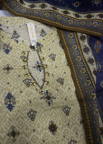 3 Piece Printed Stitched Beige Color Cotton Shirt with Farshi Shalwar & Dupatta