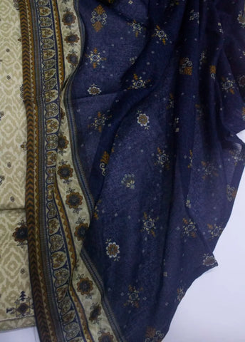 3 Piece Printed Stitched Beige Color Cotton Shirt with Farshi Shalwar & Dupatta