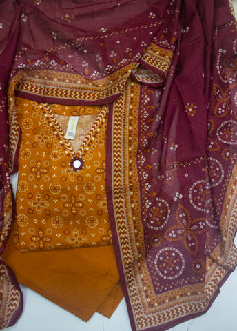3 Piece Printed Stitched Orange Color Lawn Shirt with Farshi Shalwar & Dupatta