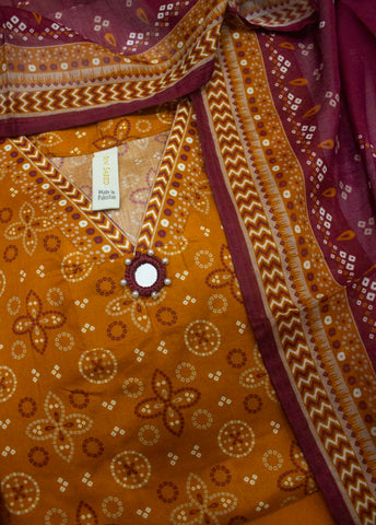 3 Piece Printed Stitched Orange Color Lawn Shirt with Farshi Shalwar & Dupatta