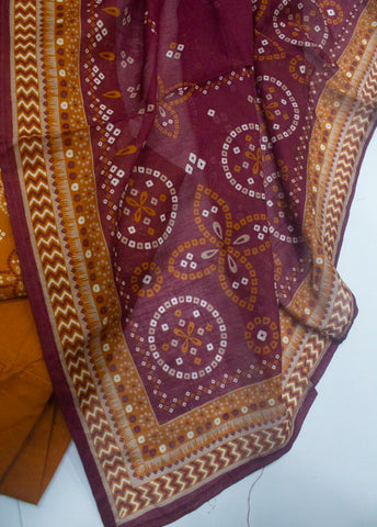 3 Piece Printed Stitched Orange Color Lawn Shirt with Farshi Shalwar & Dupatta
