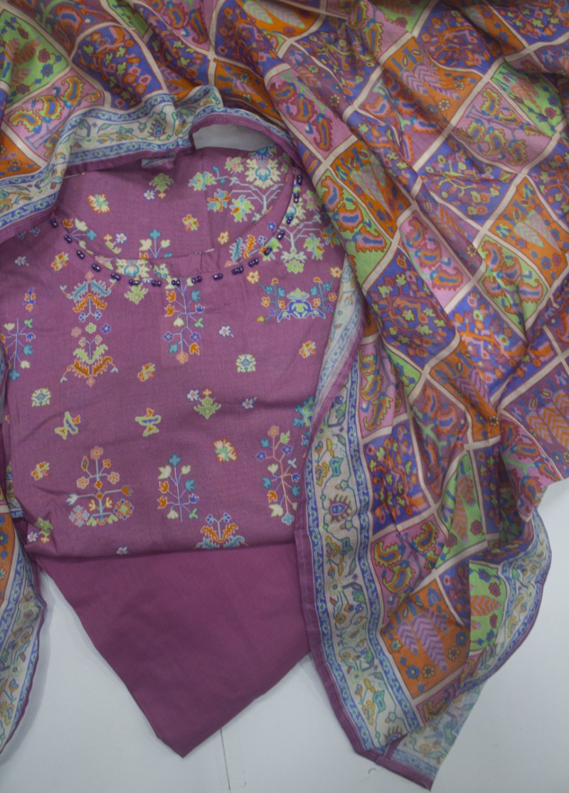 3 Piece Printed Stitched Pink Color Lawn Shirt with Farshi Shalwar & Dupatta