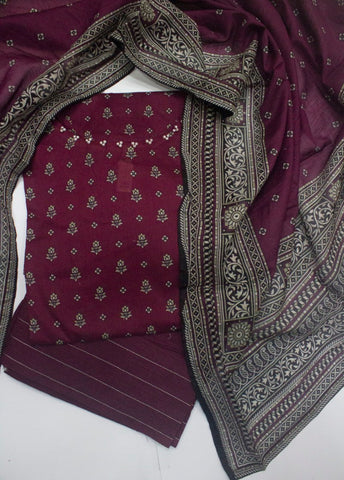 3 Piece Printed Stitched Maroon Color Lawn Shirt with Farshi Shalwar & Dupatta