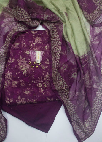 3 Piece Printed Stitched Margenta Color Lawn Shirt with Farshi Shalwar & Dupatta