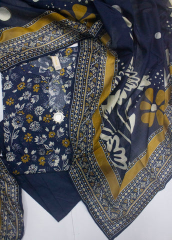 3 Piece Printed Stitched Navy Blue Color Lawn Shirt with Farshi Shalwar & Dupatta