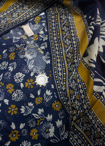 3 Piece Printed Stitched Navy Blue Color Lawn Shirt with Farshi Shalwar & Dupatta
