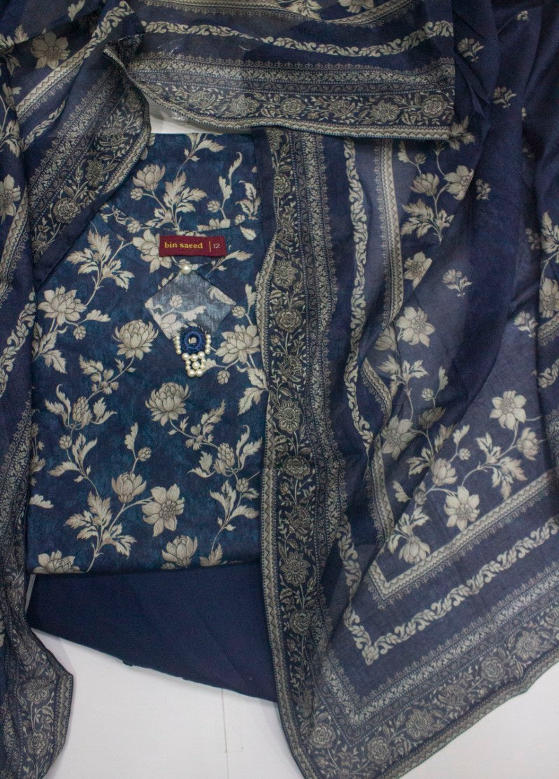 3 Piece Printed Stitched Color Lawn Shirt with Farshi Shalwar & Dupatta