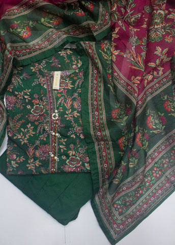 3 Piece Printed Stitched Green Color Lawn Shirt with Farshi Shalwar & Dupatta