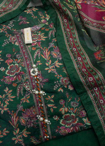 3 Piece Printed Stitched Green Color Lawn Shirt with Farshi Shalwar & Dupatta
