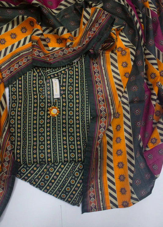 3 Piece Printed Stitched MultiColor Cotton Shirt with Farshi Shalwar & Dupatta