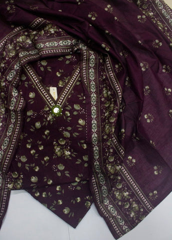 3 Piece Printed Stitched Plum Color Lawn Shirt with Farshi Shalwar & Dupatta