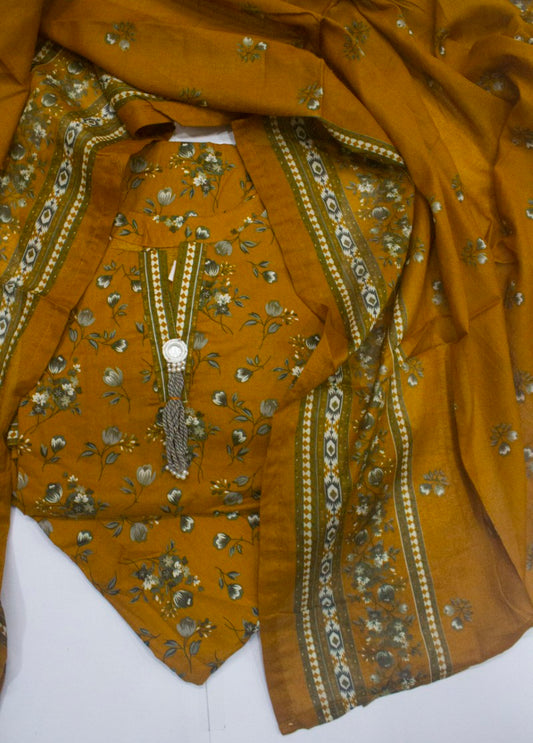 3 Piece Printed Stitched Honey Orange Color Lawn Shirt with Farshi Shalwar & Dupatta