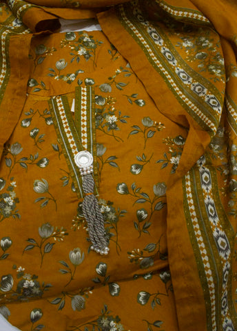 3 Piece Printed Stitched Honey Orange Color Lawn Shirt with Farshi Shalwar & Dupatta