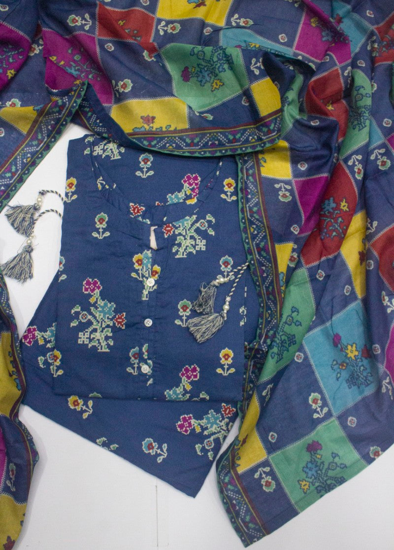 3 Piece Printed Stitched Ink Blue Color Lawn Shirt with Farshi Shalwar & Dupatta