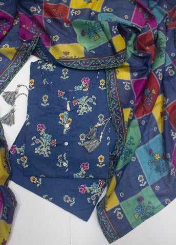 3 Piece Printed Stitched Ink Blue Color Lawn Shirt with Farshi Shalwar & Dupatta