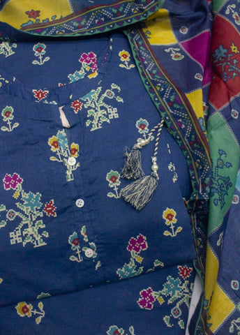 3 Piece Printed Stitched Ink Blue Color Lawn Shirt with Farshi Shalwar & Dupatta
