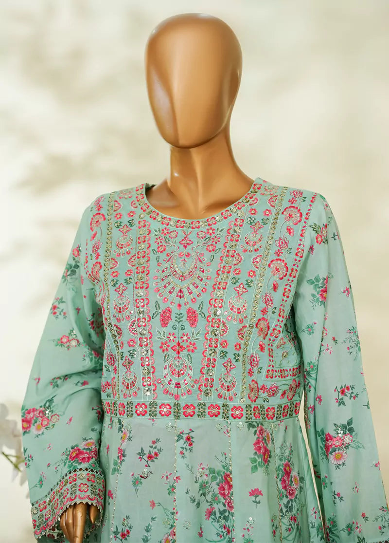 3 Piece Turquoise Color Embroidered Lawn Frock withTrouser & Dupatta