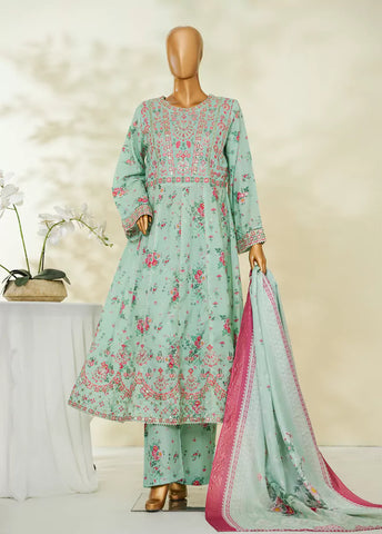 3 Piece Turquoise Color Embroidered Lawn Frock withTrouser & Dupatta