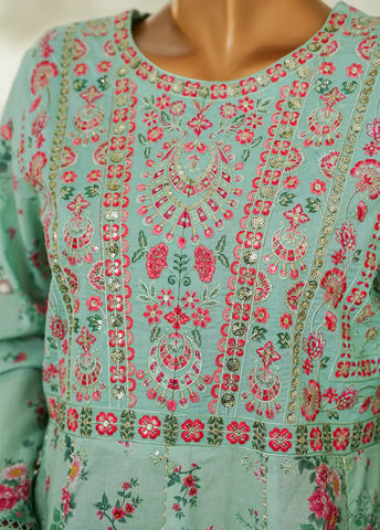 3 Piece Turquoise Color Embroidered Lawn Frock withTrouser & Dupatta